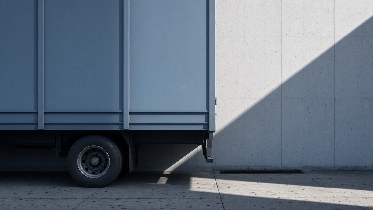 Geometric steel shapes suggesting a freight trailer at a Paris yard